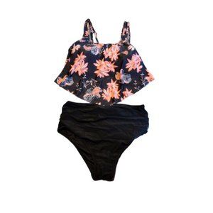 Womens Floral Print Ruffle Top Strappy Bikini with High waisted Bottom - L -NWOT